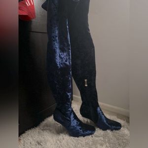 Thigh high velvet clear heeled boots, size 6